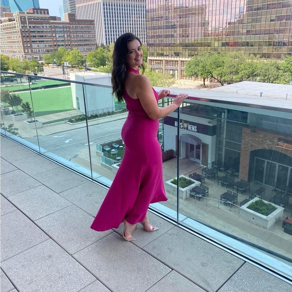 Hot pink halter top formal gown, stretchy and fun!